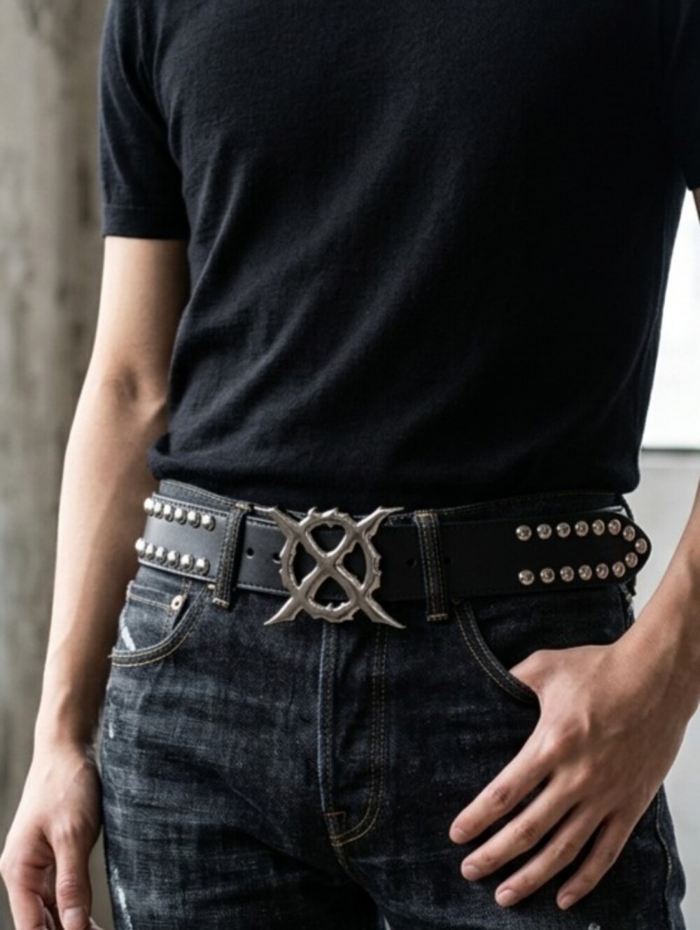 Black Studded Leather Belt Double Gothic Belt Buckles 45 Inches